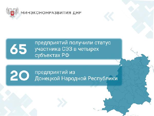 Наибольшую долю предприятий-участников СЭЗ ДНР составили субъекты обрабатывающей и добывающей промышленностей